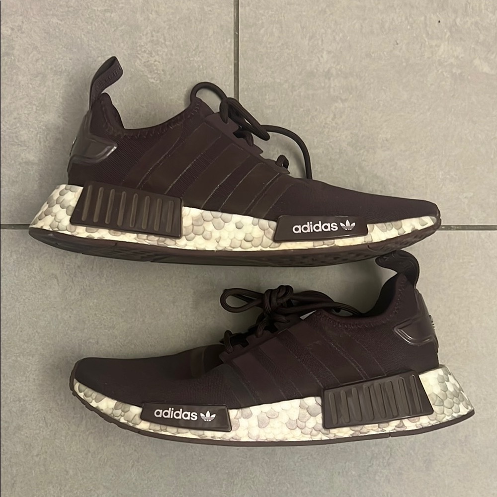 Adidas White and Maroon NMD Sneakers with Boost Cushioning